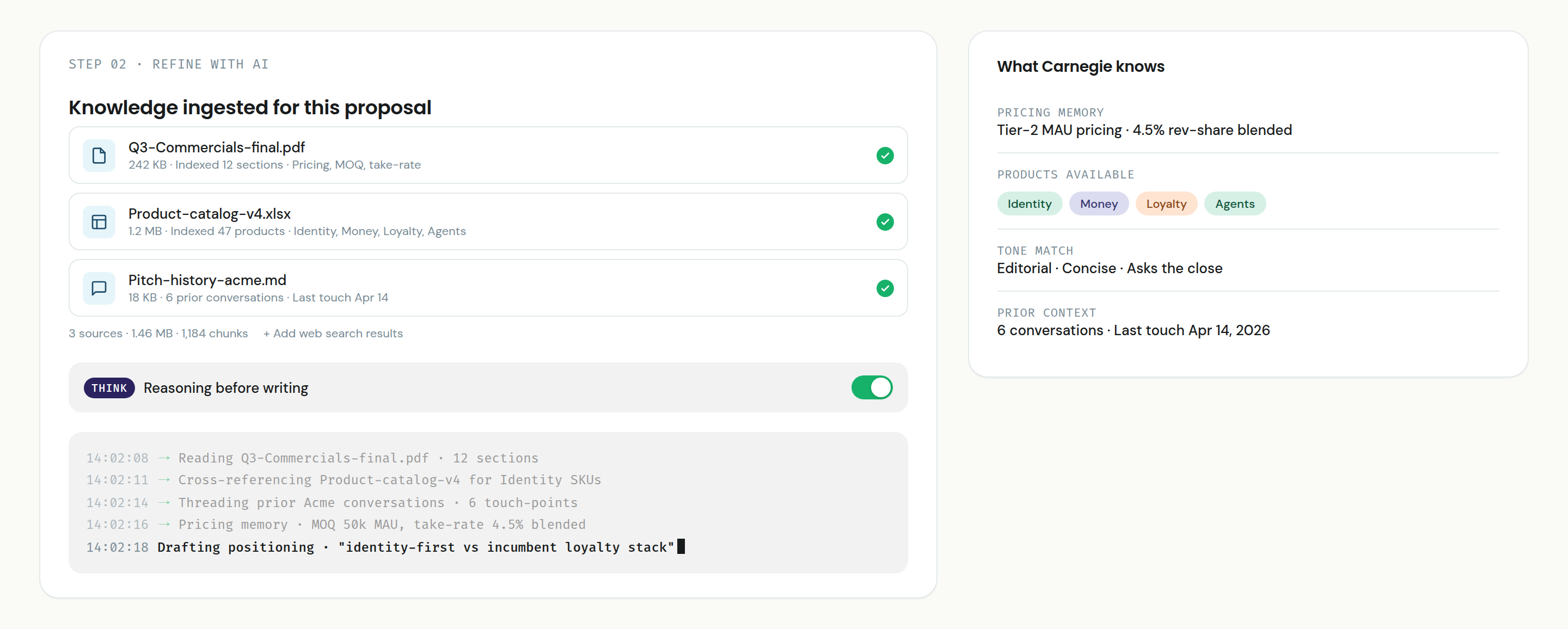 Carnegie ingesting commercials, product catalog, and past pitch history as context for a new proposal